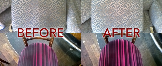Upholstery and cushions before professional cleaning and after being cleaned professionally.